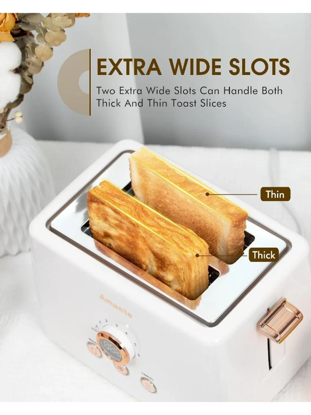 2 Slice White with Rose Gold Retro with LED Display Extra Wide Slots Toaster